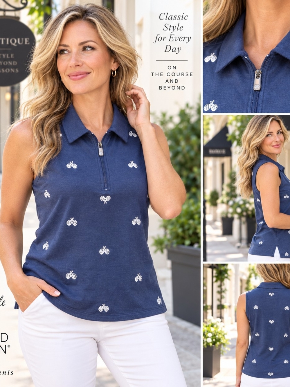 Sigrid Olsen Navy Sleeveless Polo Tank with White Tennis Motifs - Picture 9 of 9